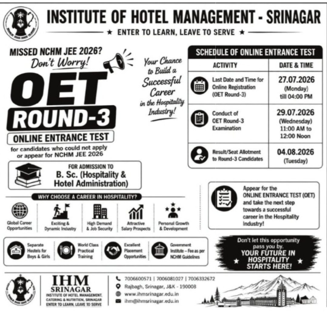 IHM Srinagar – Online Entrance Test (OET) Round-3 for B.Sc. Hospitality Admissions 2026