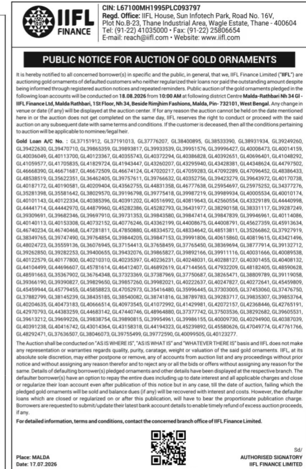 IIFL Finance Gold Auction Notice – Malda, West Bengal