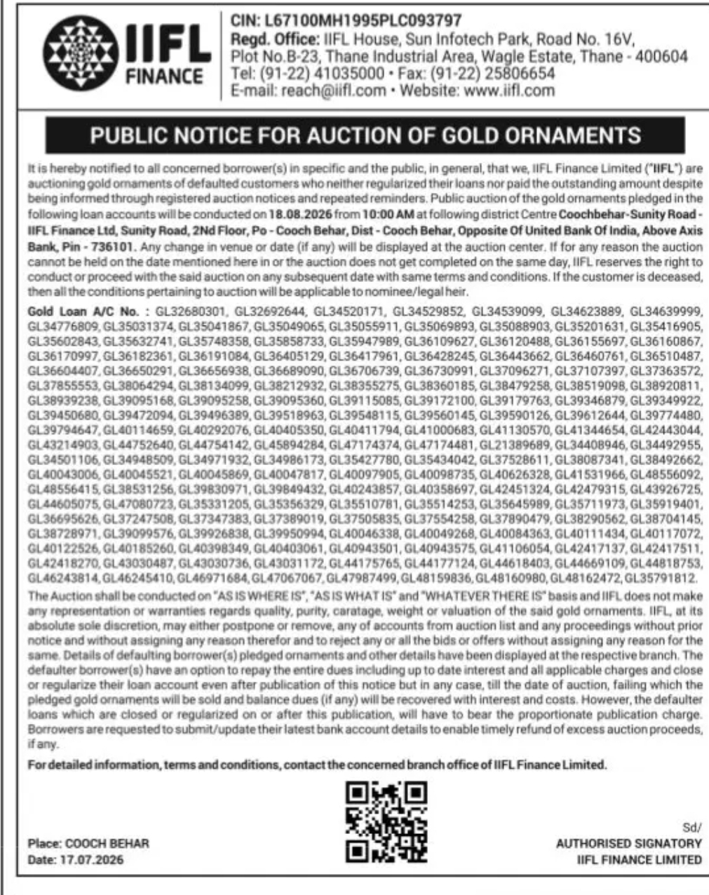 IIFL Finance Gold Loan Auction Notice – Cooch Behar