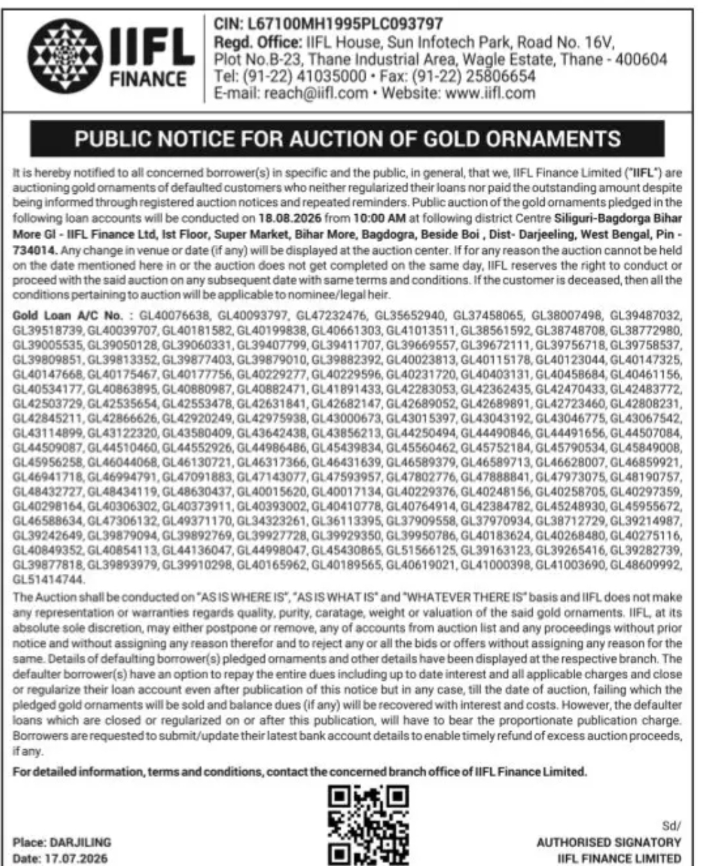 IIFL Finance Gold Loan Auction Notice – Siliguri Bagdogra, Darjeeling