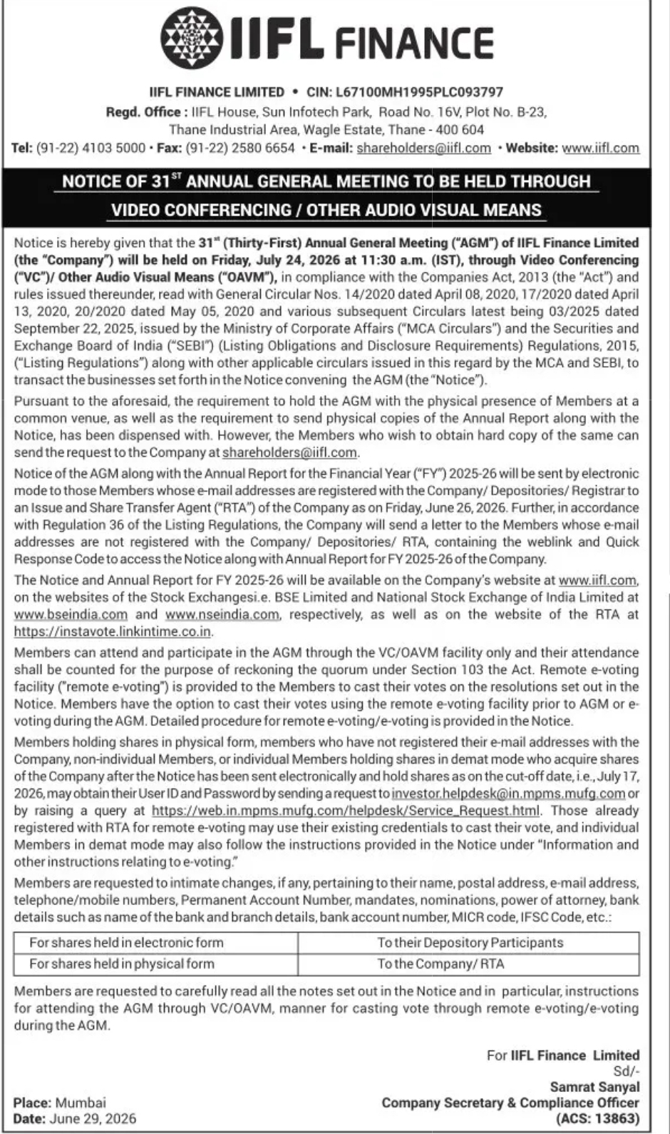IIFL FINANCE LIMITED – NOTICE OF 31st ANNUAL GENERAL MEETING (AGM) 2026