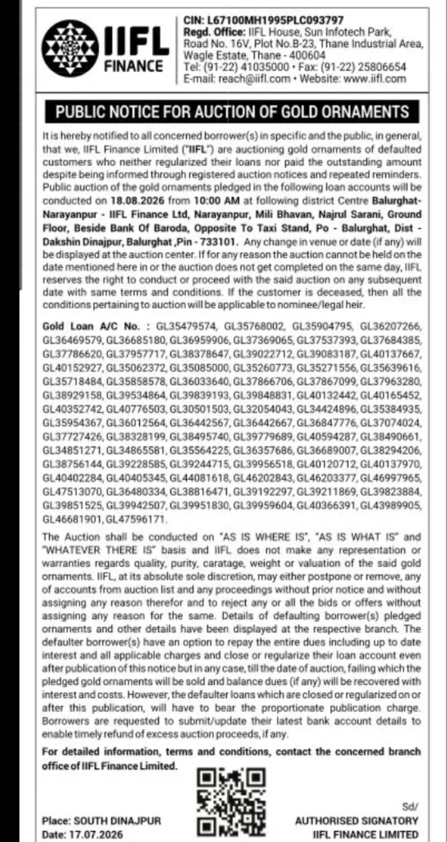 IIFL Finance Public Auction Notice for Gold Ornaments