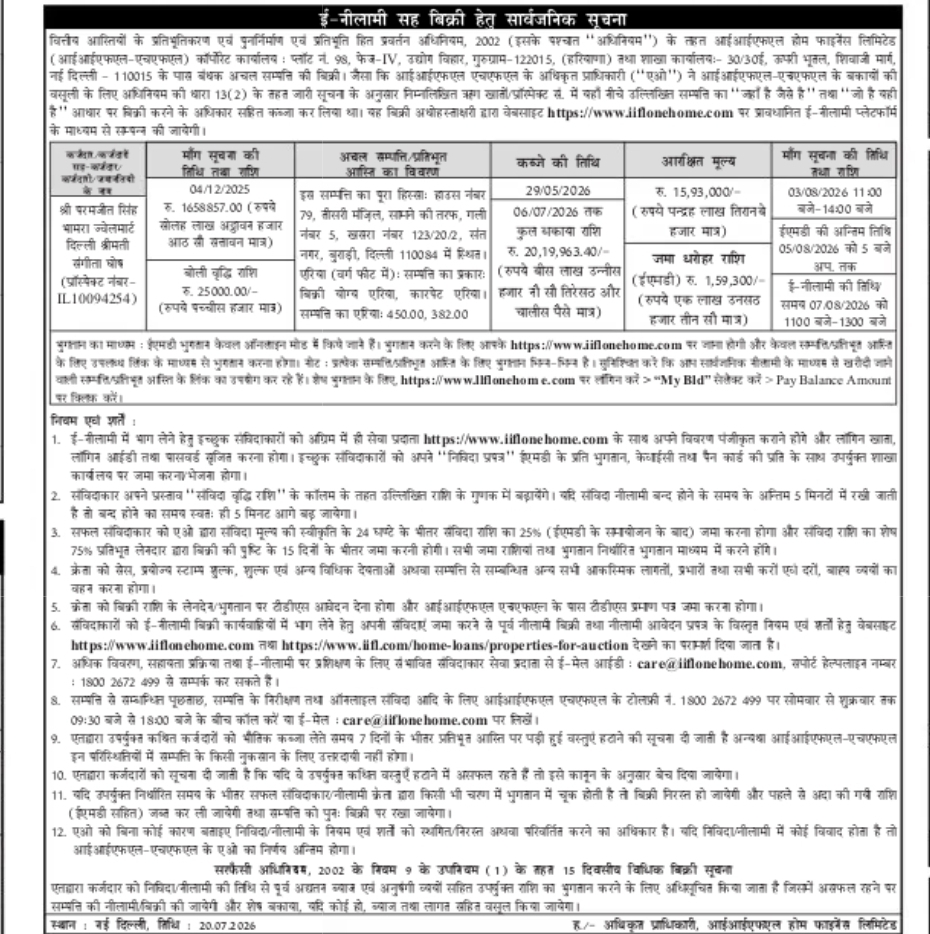 IIFL Home Finance Limited E-Auction Sale Notice – Delhi Property Under SARFAESI Act, 2002