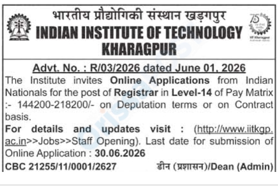 IIT Kharagpur Recruitment 2026 – Online Applications Invited for Registrar Post