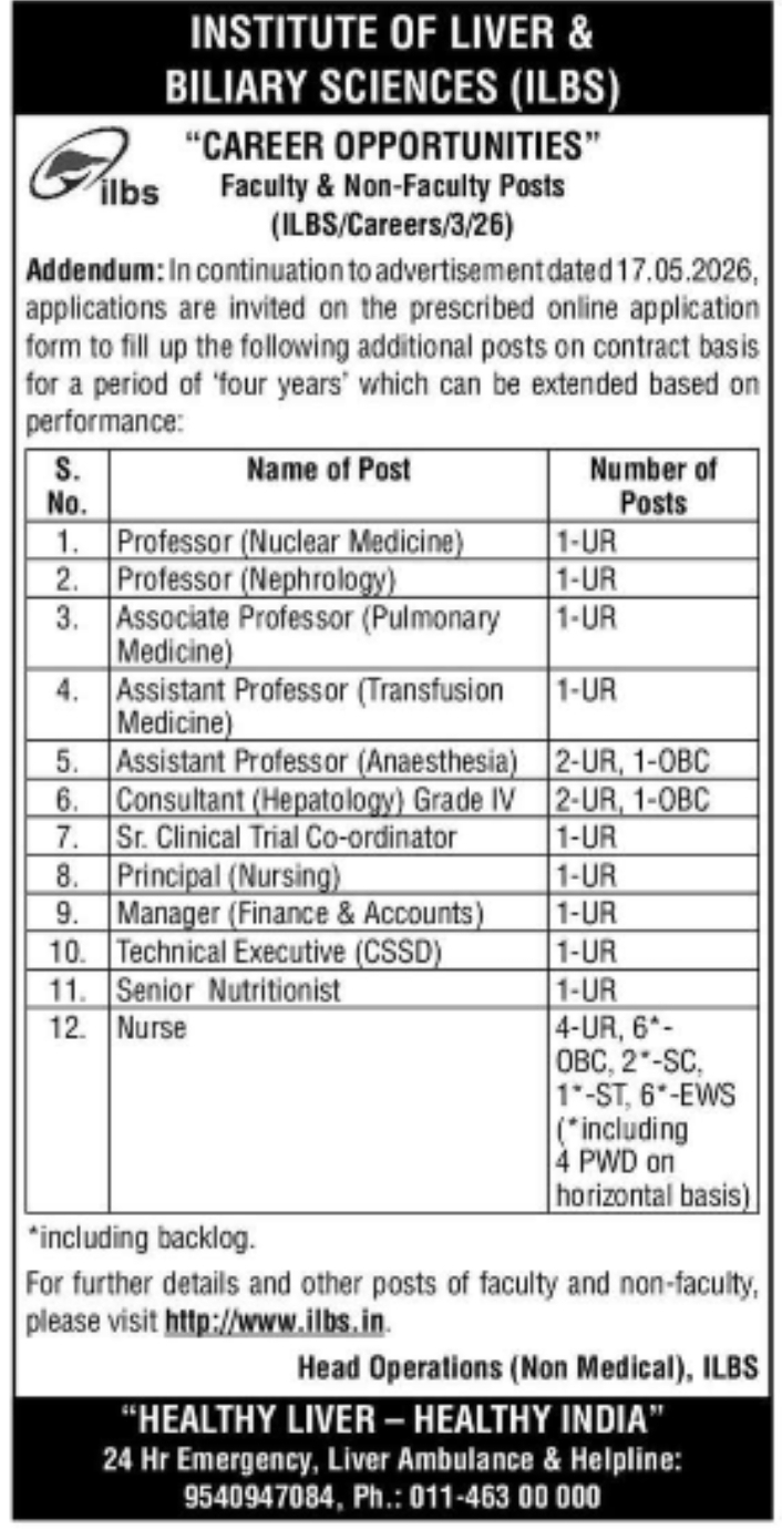 ILBS Invites Applications for Faculty and Non-Faculty Posts on Contract Basis