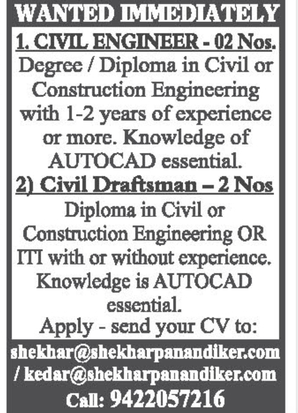 Immediate Hiring – Civil Engineer & Civil Draftsman Jobs