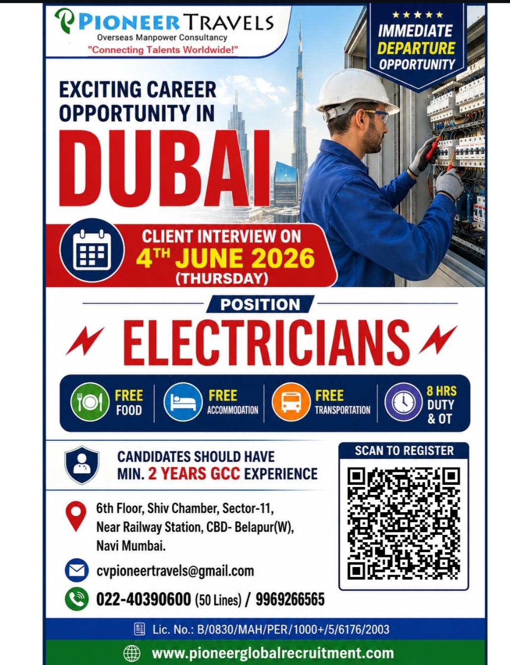 Immediate Overseas Job Opportunity – Electrician (Dubai)