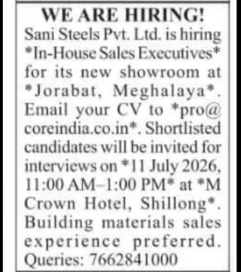 In-House Sales Executives Hiring at Sani Steels Pvt. Ltd.