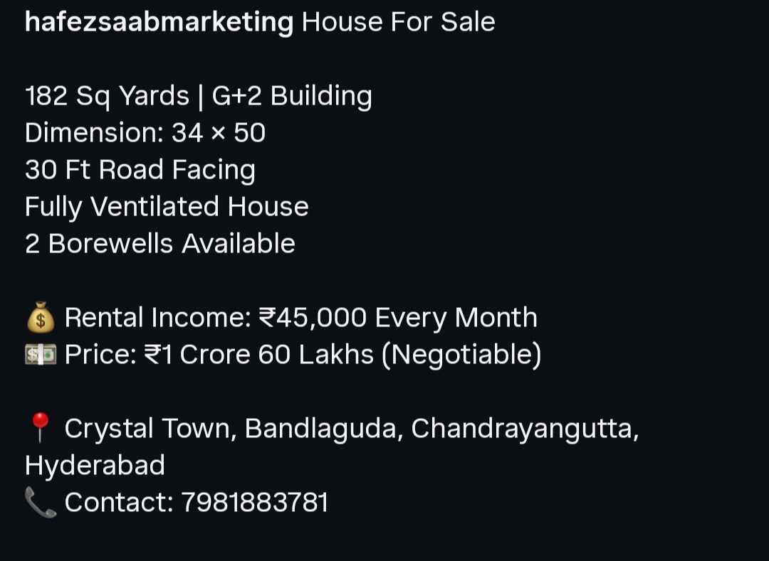 🏠 Income-Generating House – Crystal Town, Bandlaguda, Hyderabad