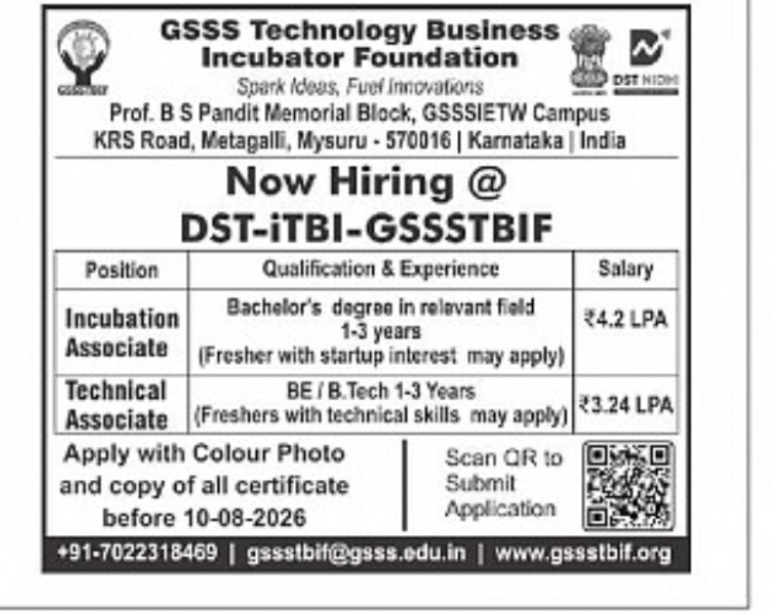 Incubation Associate & Technical Associate Jobs – DST-iTBI GSSSTBIF, Mysuru