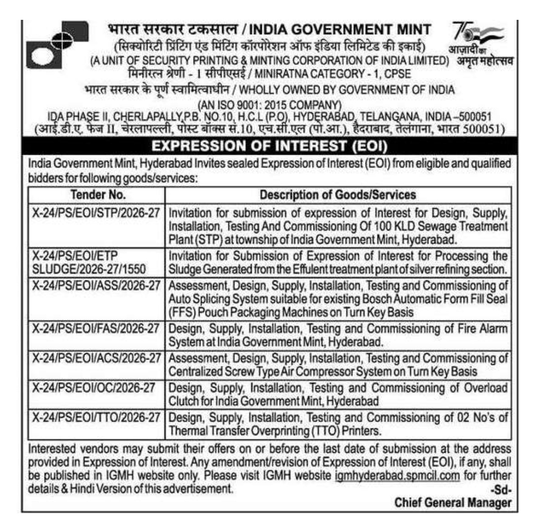 India Government Mint Hyderabad Seeks EOIs for Multiple Infrastructure and Utility Projects