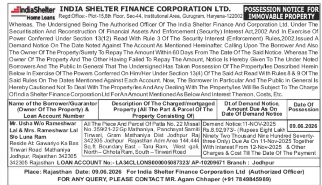 India Shelter Finance Corporation Ltd. – Possession Notice