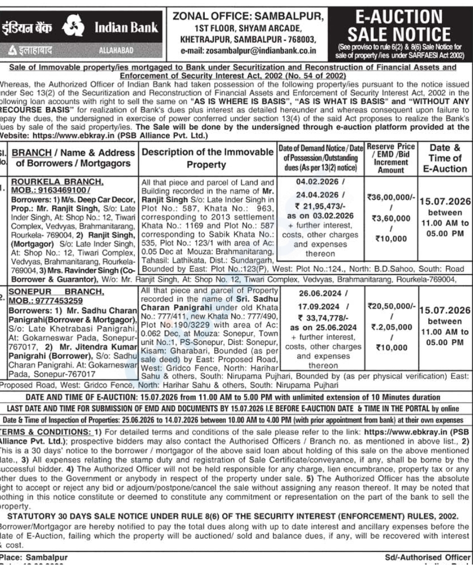 Indian Bank E-Auction Notice 2026