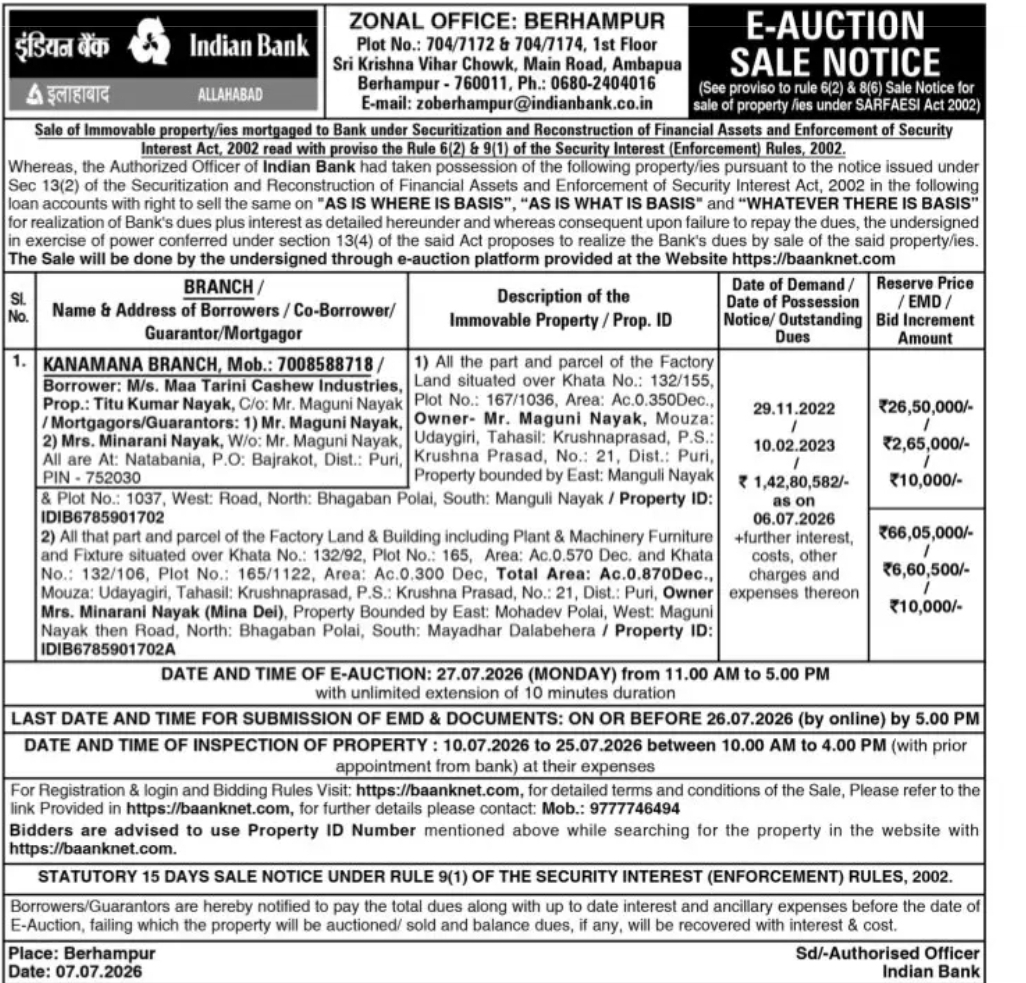 Indian Bank E-Auction Notice – Factory Land, Building & Machinery in Puri, Odisha
