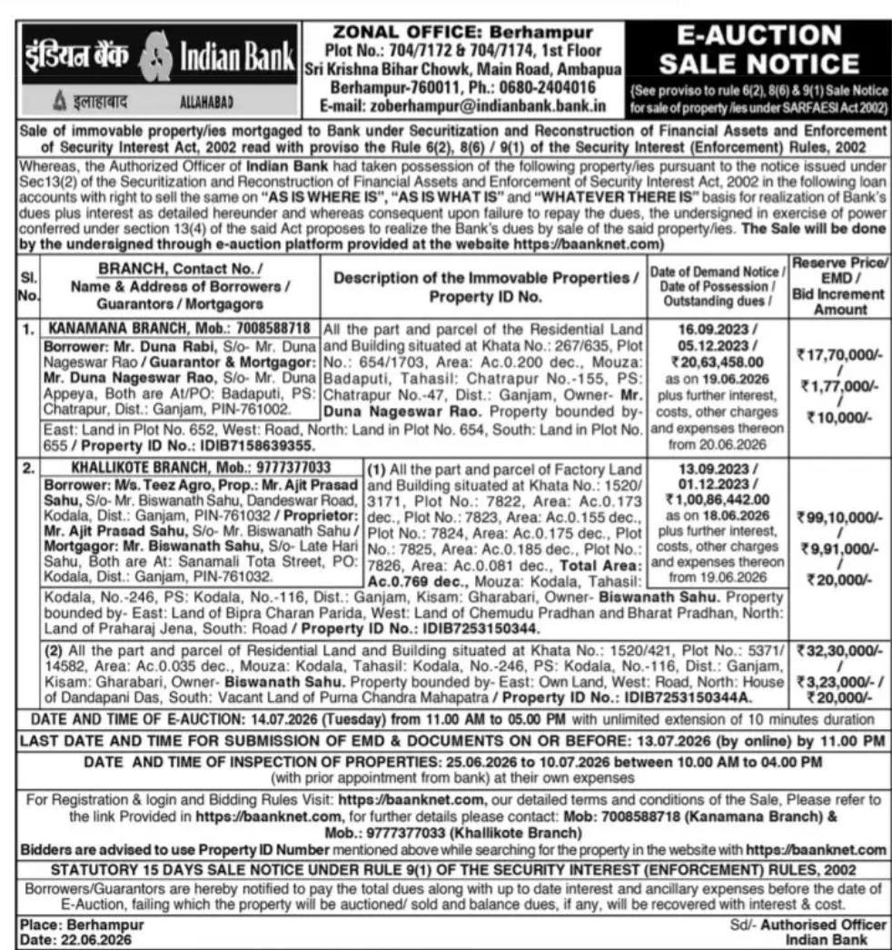 Indian Bank – E-Auction Sale Notice (SARFAESI Act, 2002) | Berhampur Zonal Office