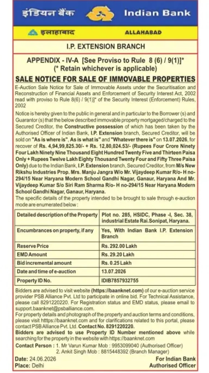 Indian Bank – E-Auction Sale Notice (SARFAESI Act)