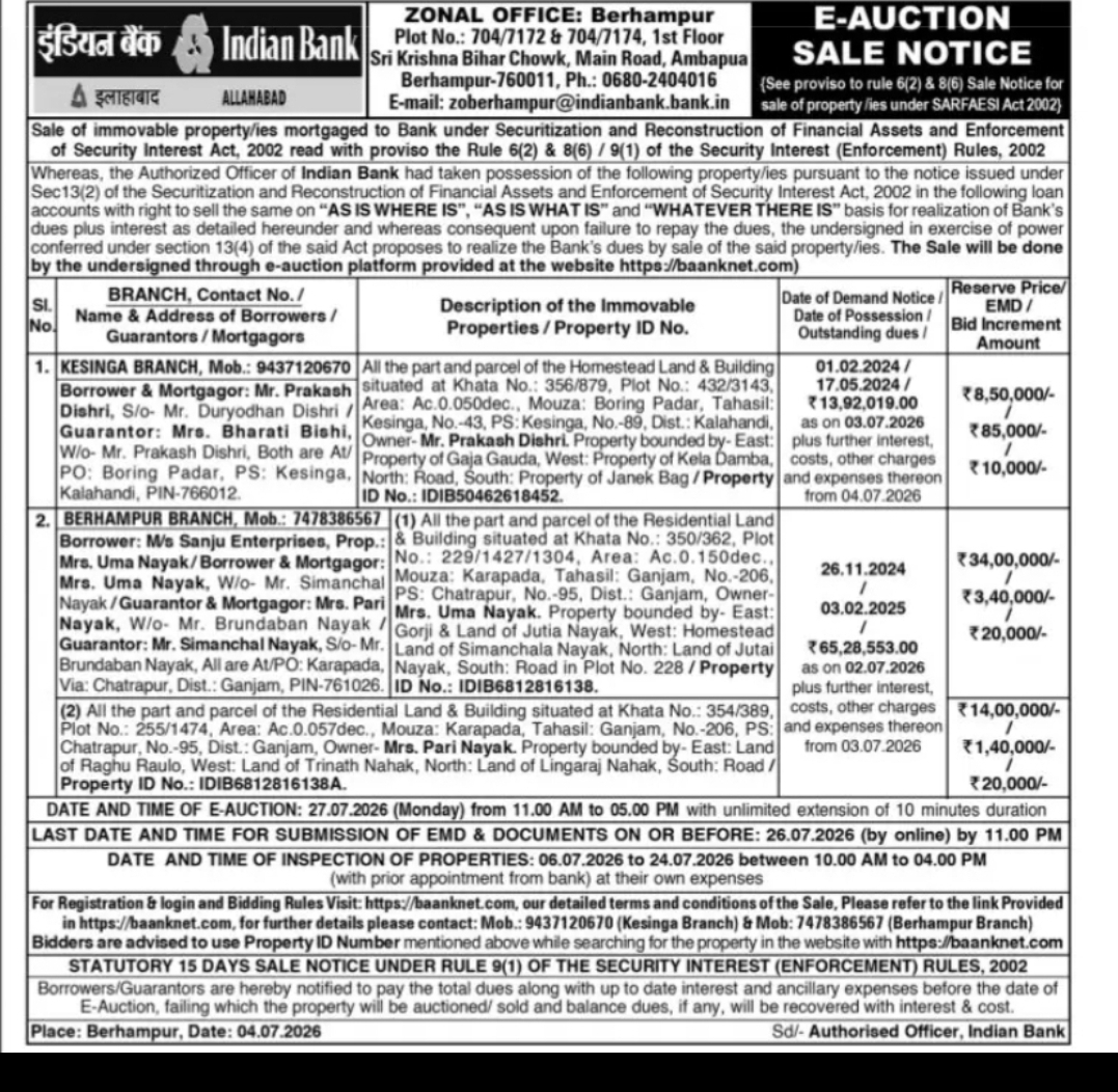 Indian Bank E-Auction Sale Notice under SARFAESI Act – Odisha Properties