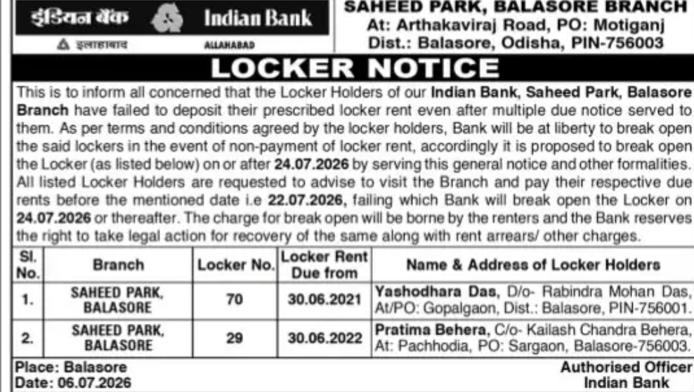 Indian Bank Locker Notice – Saheed Park, Balasore Branch