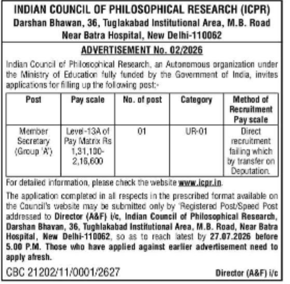Indian Council of Philosophical Research (ICPR) Recruitment 2026