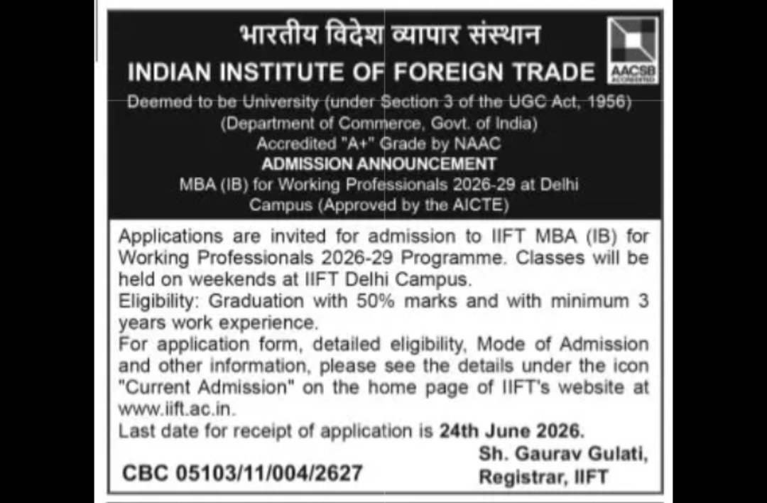 INDIAN INSTITUTE OF FOREIGN TRADE MBA (IB) for Working Professionals Admission 2026–29