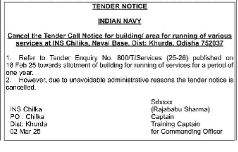 INDIAN NAVY TENDER CANCELLATION NOTICE – INS CHILIKA