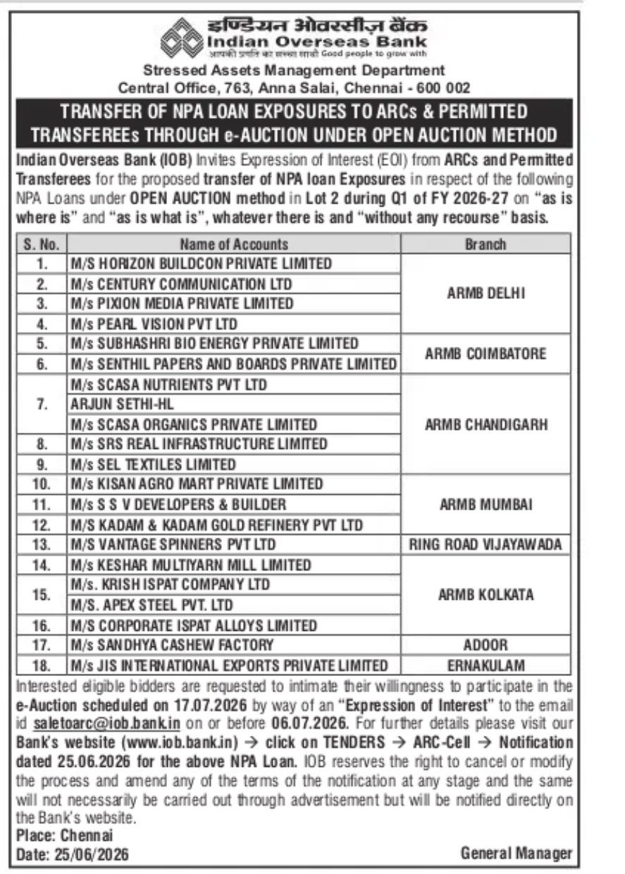Indian Overseas Bank Invites EOI for Transfer of NPA Loan Exposures