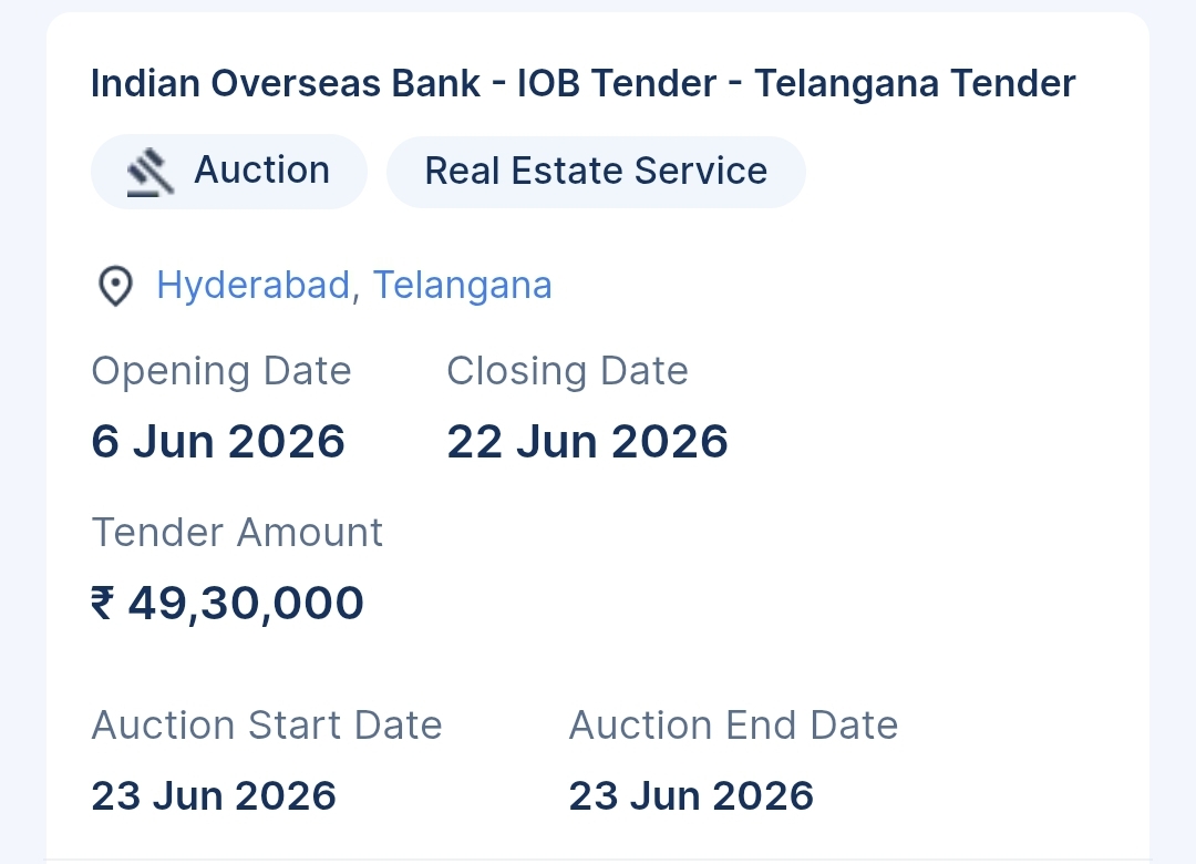 Indian Overseas Bank - IOB Tender - Telangana Tender