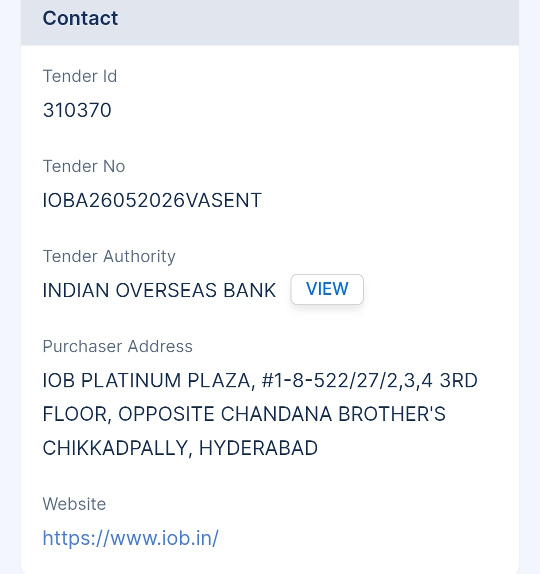 Indian Overseas Bank - IOB Tender - Telangana Tender