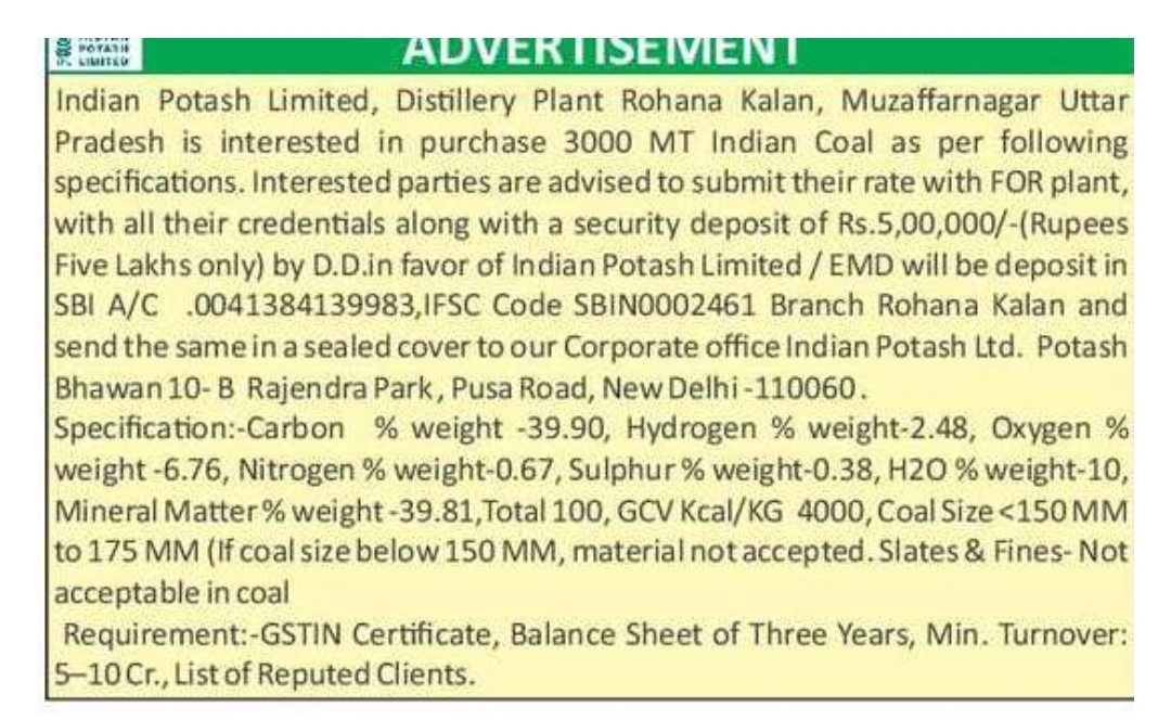 Indian Potash Limited Invites Bids for Supply of 3000 MT Indian Coal at Muzaffarnagar Distillery Plant, Uttar Pradesh