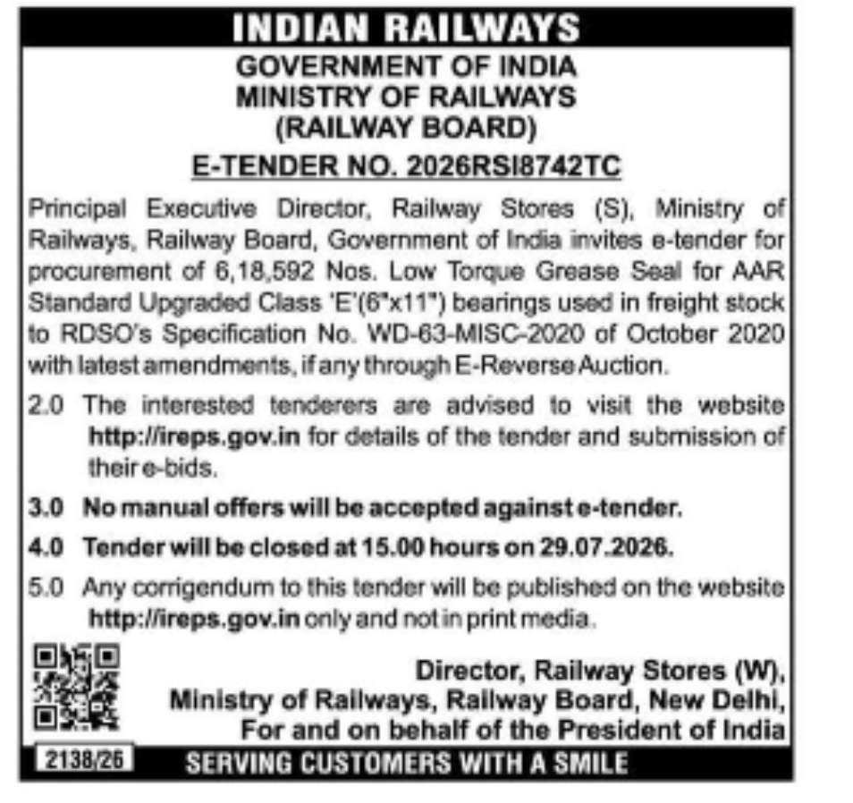 Indian Railways – Ministry of Railways (Railway Board) Invites E-Tenders for Procurement of Low Torque Grease Seals