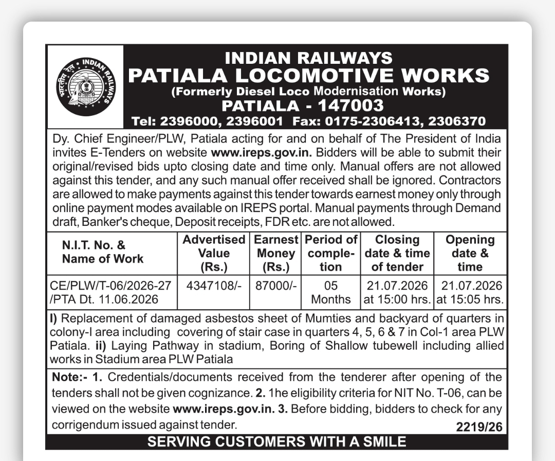 Indian Railways PLW Patiala Invites E-Tenders for Civil Works Worth ₹43.47 Lakh