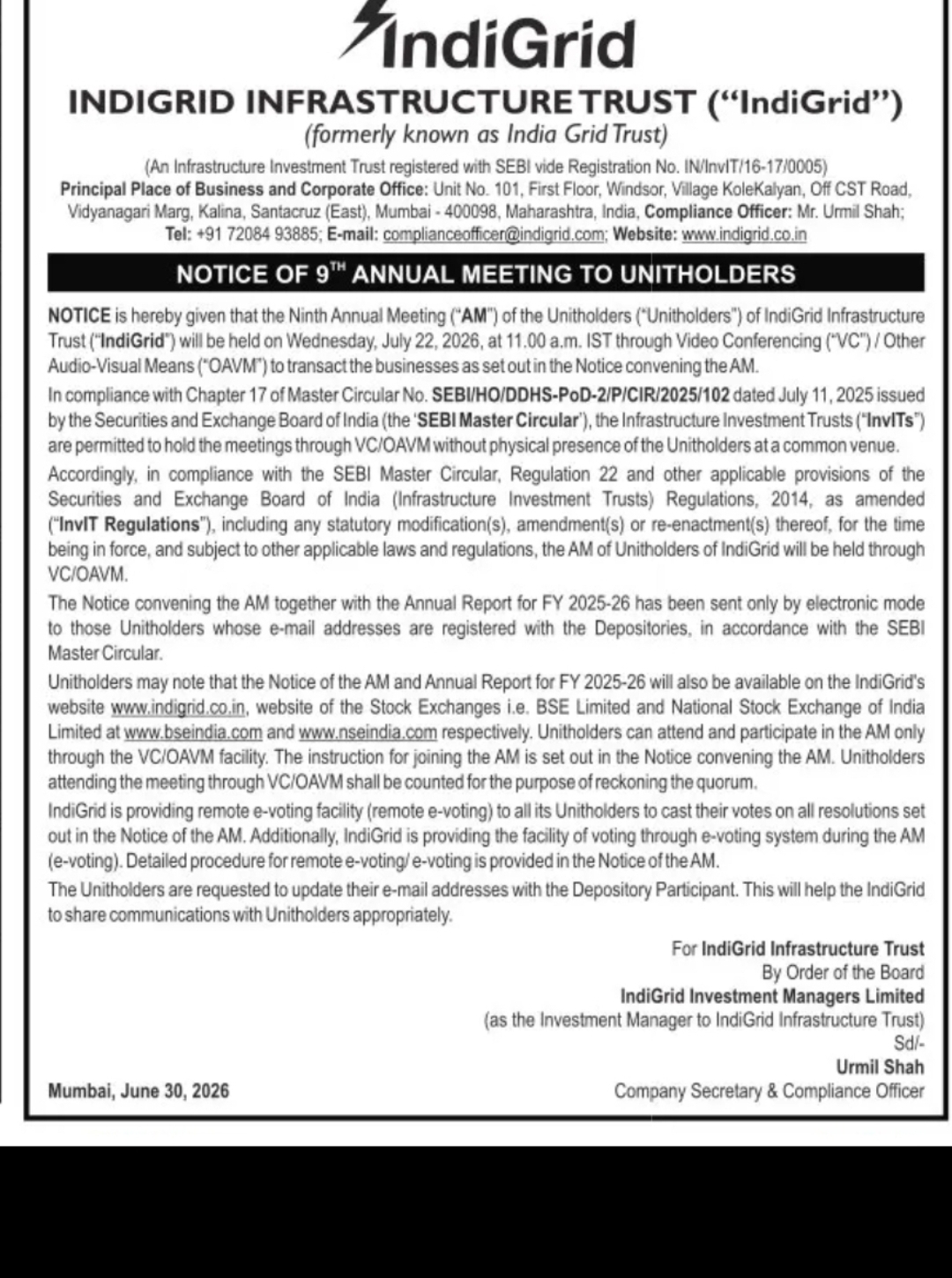 IndiGrid Infrastructure Trust – 9th Annual Meeting Notice 2026