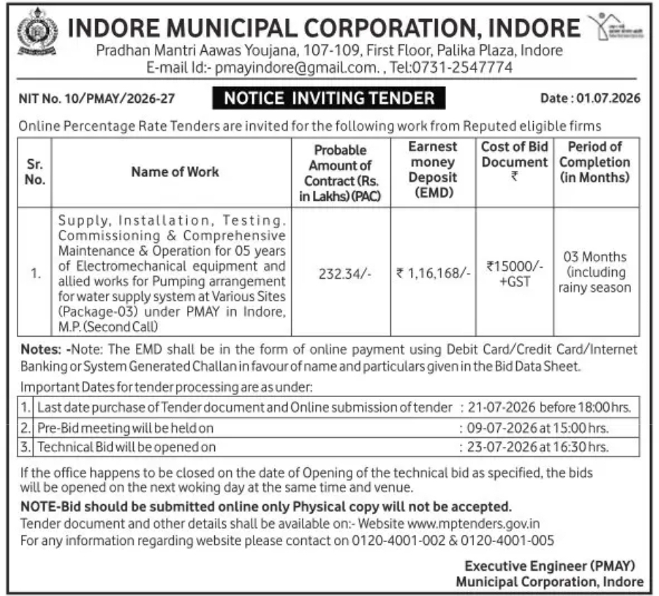 Indore Municipal Corporation Invites Tender for Electromechanical Equipment & Water Supply Pumping Works under PMAY