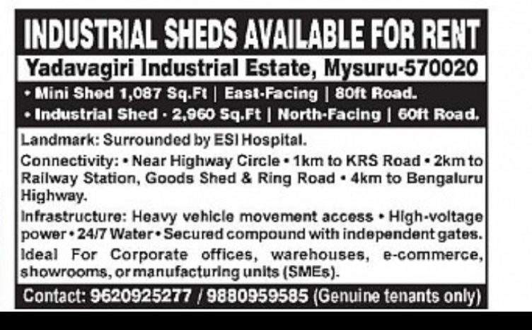 Industrial Sheds Available for Rent – Yadavagiri Industrial Estate