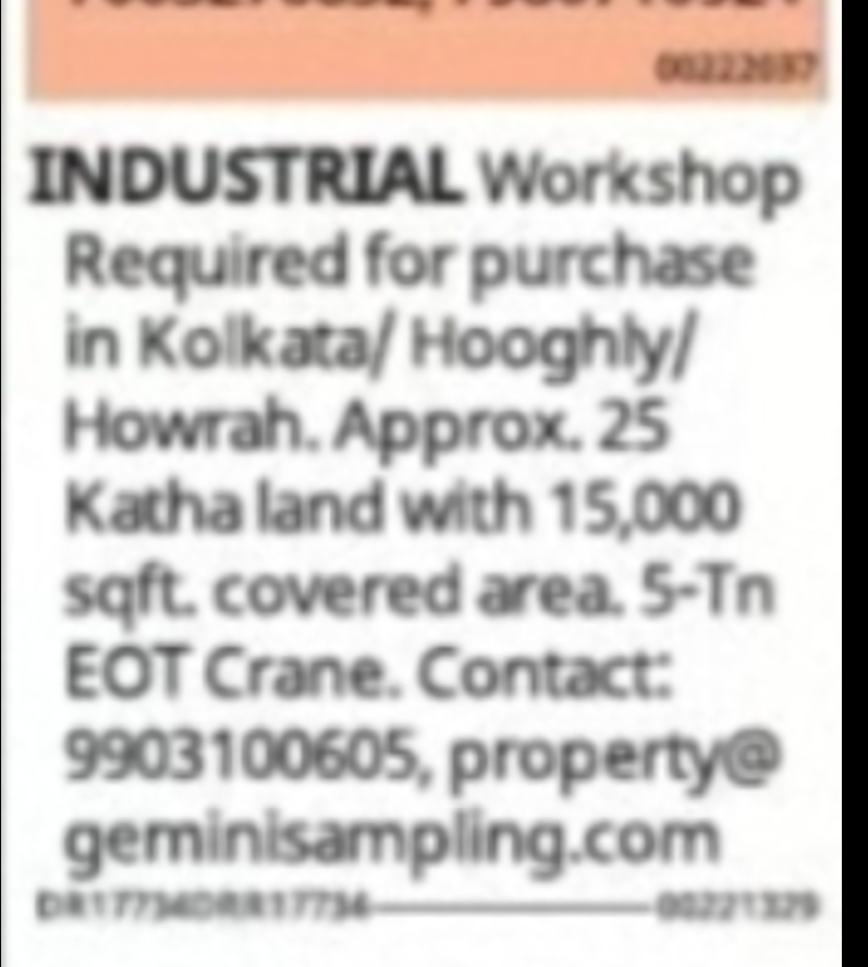 Industrial Workshop Wanted – Kolkata, Hooghly & Howrah
