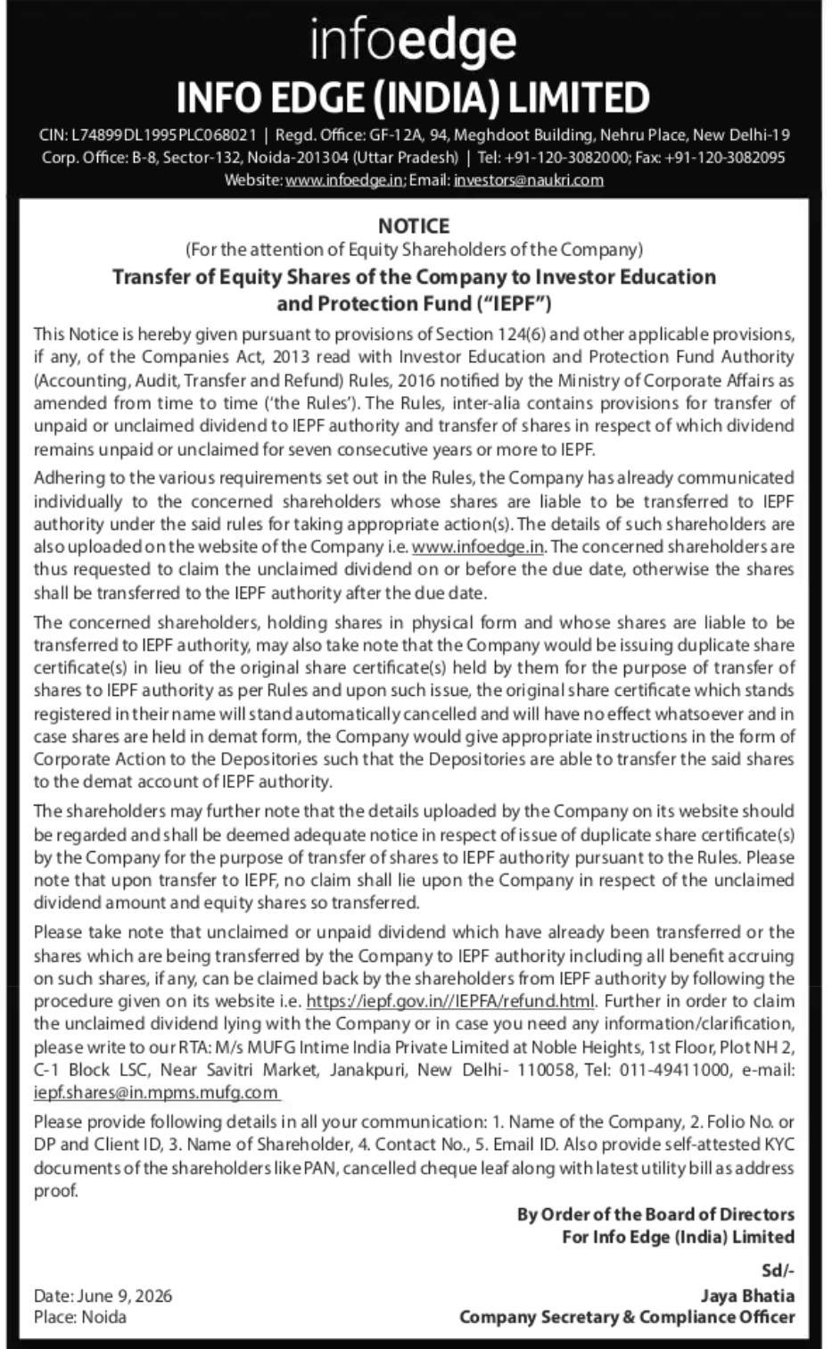 Info Edge (India) Ltd – Notice on Transfer of Shares to IEPF Authority