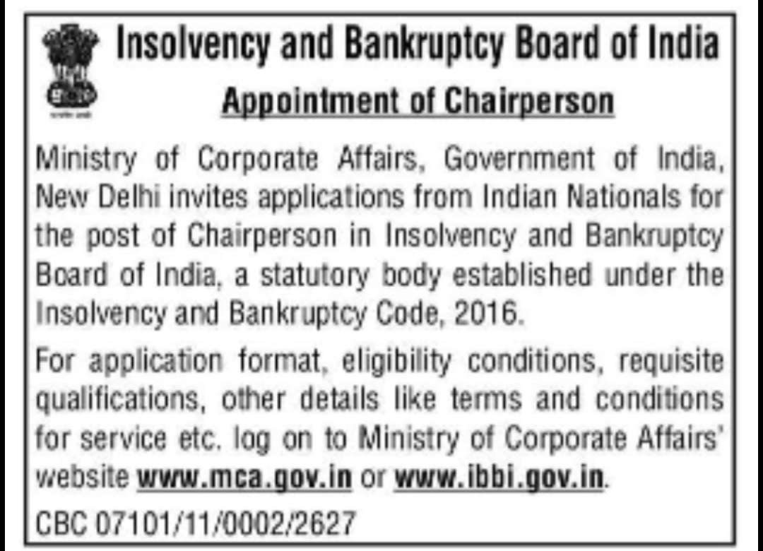 Insolvency and Bankruptcy Board of India (IBBI) – Appointment of Chairperson