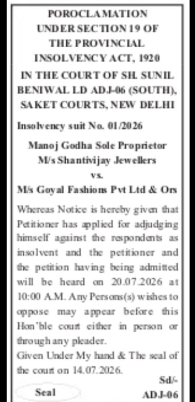 Insolvency Petition Public Notice – Saket Courts, New Delhi