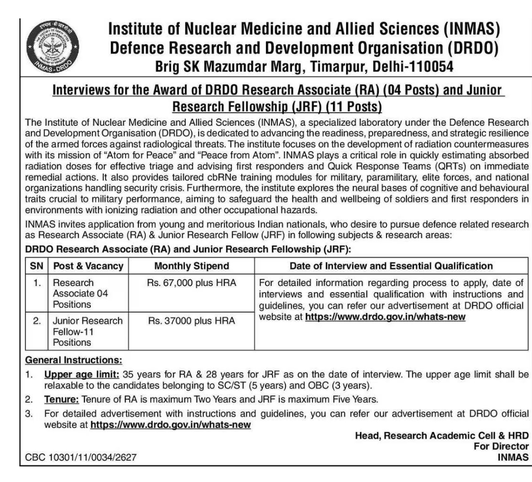 Institute of Nuclear Medicine and Allied Sciences (INMAS), DRDO – Research Positions