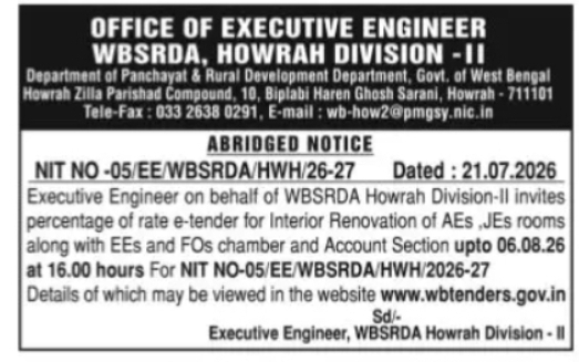 Interior Renovation Tender – WBSRDA Howrah Division-II