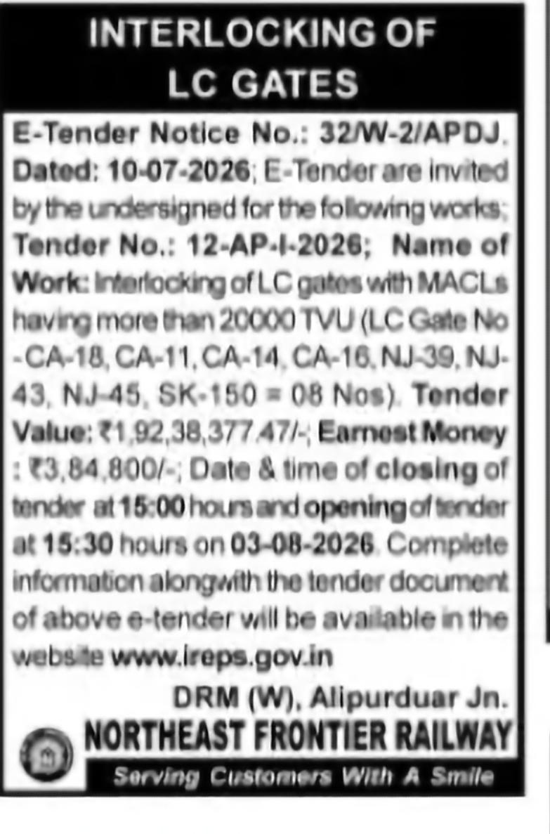 Interlocking of LC Gates Project – Alipurduar Division (Tender No. 12-AP-1-2026)