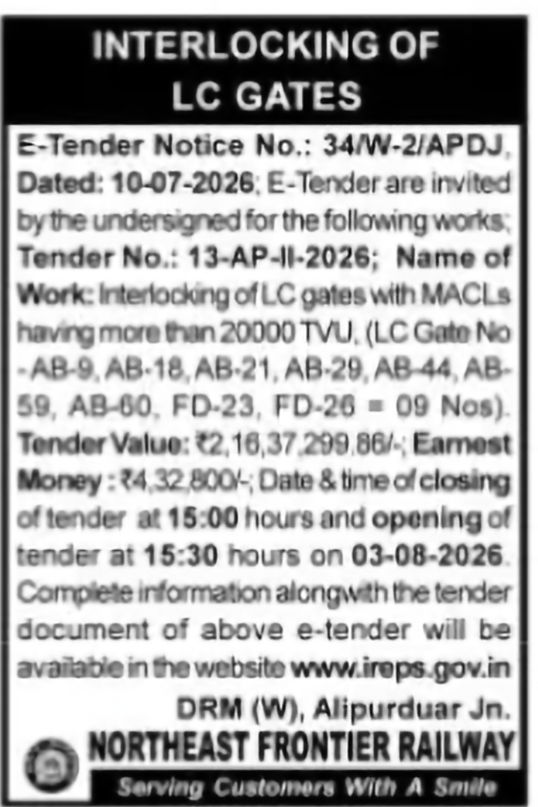 Interlocking of LC Gates Project – Alipurduar Division (Tender No. 13-AP-11-2026)
