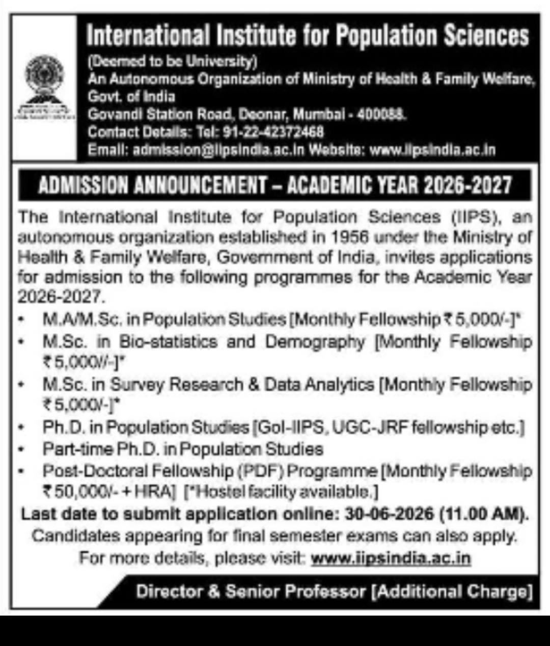 International Institute for Population Sciences (IIPS) – Admission Announcement 2026–2027