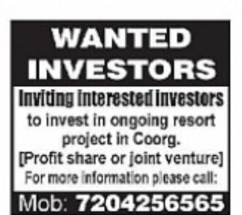 Investors Wanted for Resort Project in Coorg