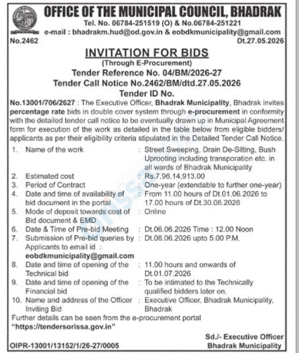 INVITATION FOR BIDS Bhadrak Municipality, Odisha