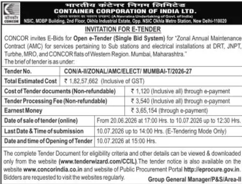 Invitation for e-Tender – Zonal Annual Maintenance Contract (AMC) for Substations and Electrical Installations in Western Region (Mumbai)
