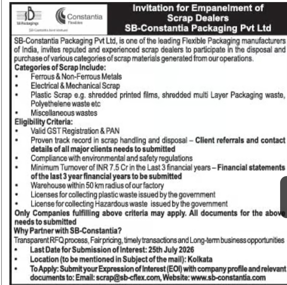 Invitation for Empanelment of Scrap Dealers – SB-Constantia Packaging Pvt Ltd
