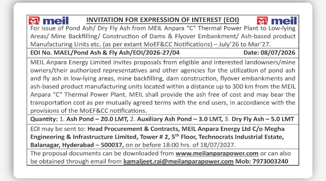 Invitation for Expression of Interest (EoI) – Pond Ash & Dry Fly Ash Utilization from MEIL Anpara “C” Thermal Power Plant