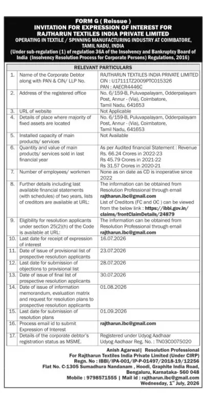 Invitation for Expression of Interest (EOI) – Rajtharun Textiles India Private Limited (Under CIRP)