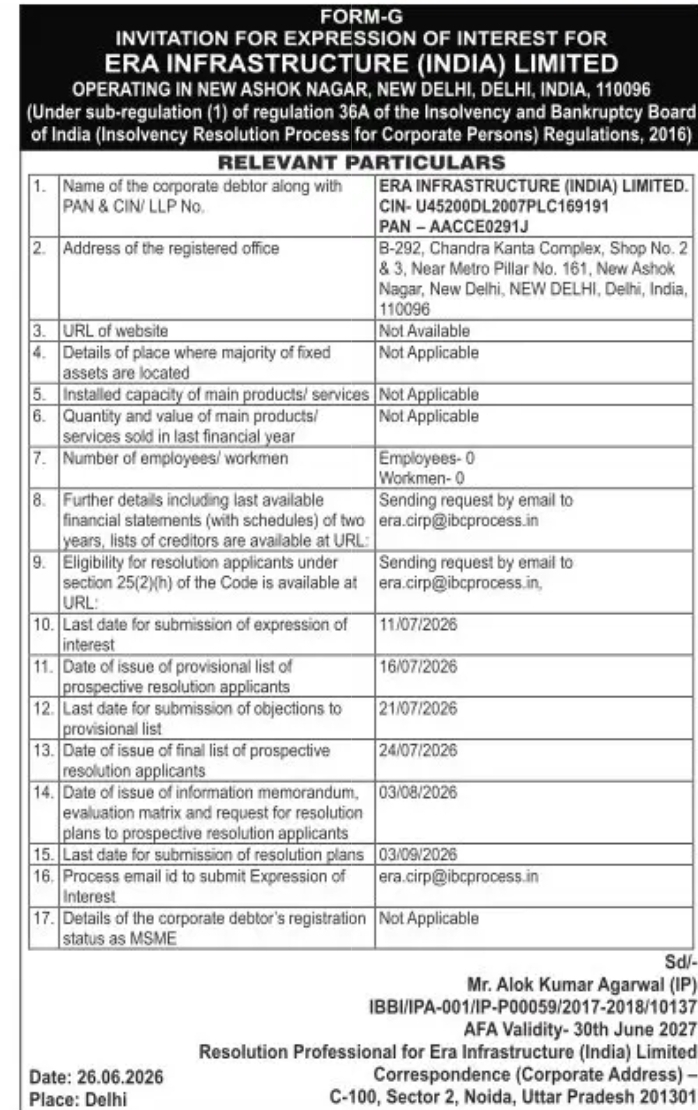 Invitation for Expression of Interest (Form G) – ERA Infrastructure (India) Limited CIRP Notice
